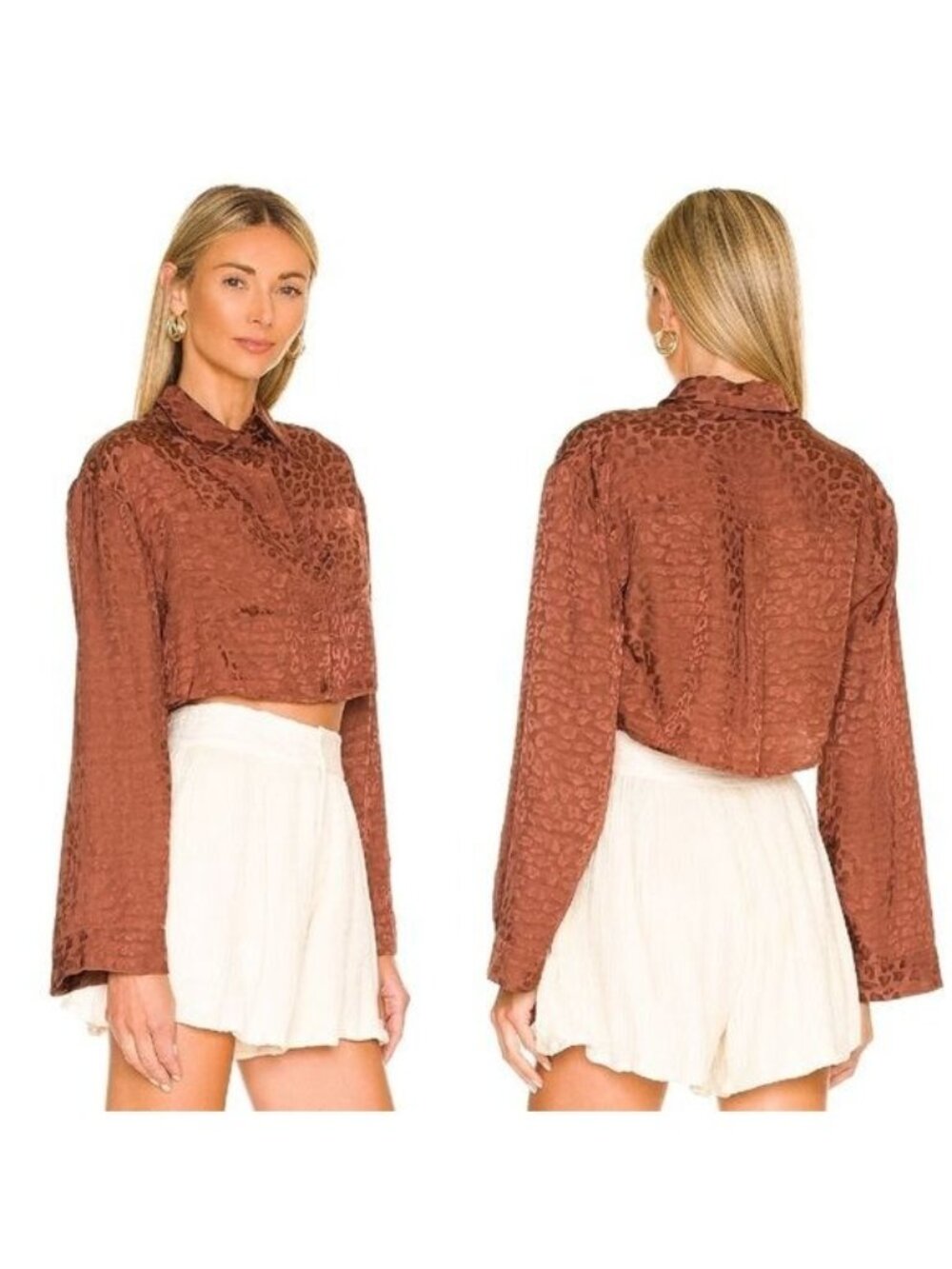 NWT Lovers + Friends Cheyanne Button Up Top XS Coffee Brown Jacquard Leopard Cro